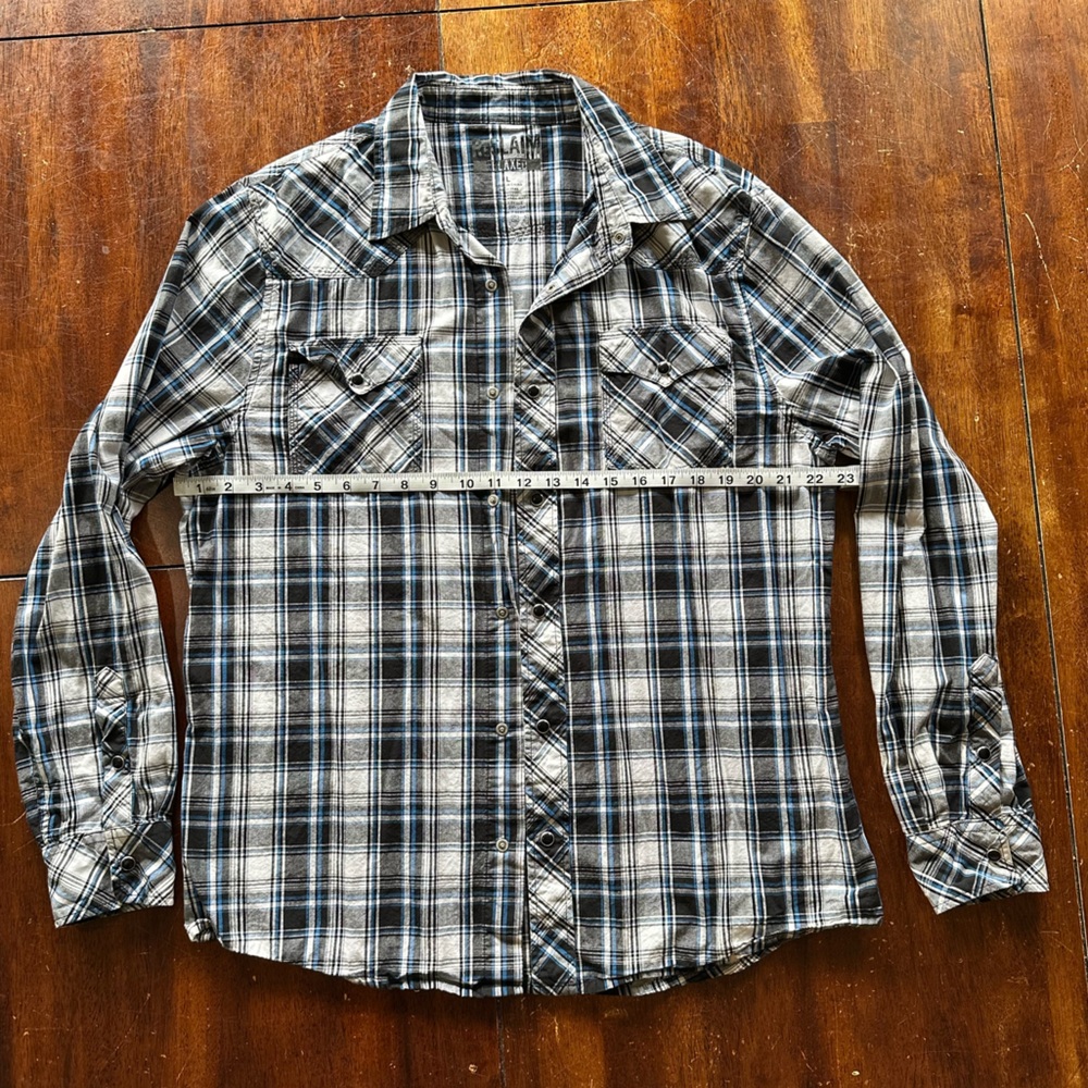Reclaimed relaxed Men's Blue snap button down long sleeve Plaid Shirt